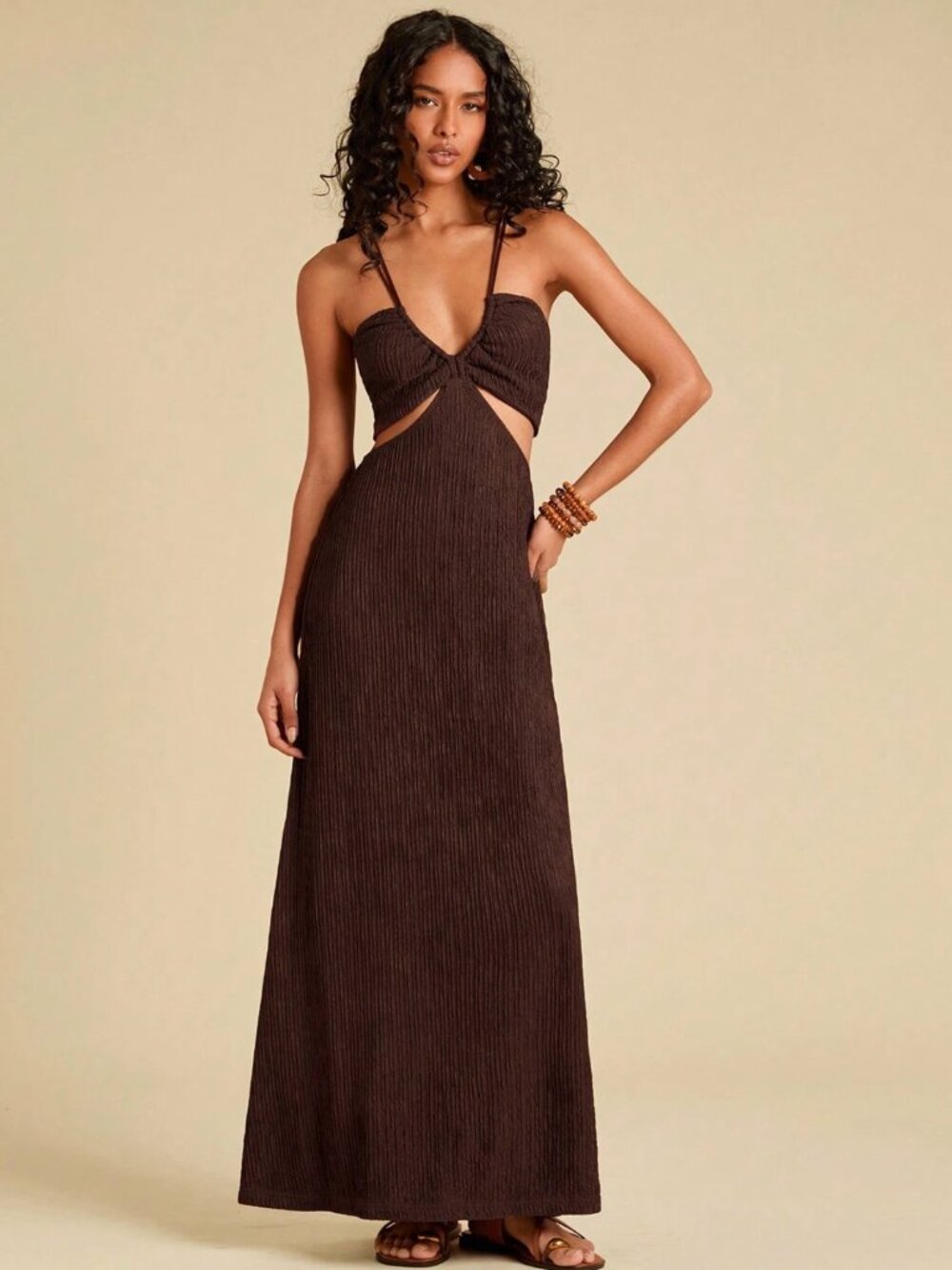 Travachic Dark Brown Knit Hollow Out Backless Fit